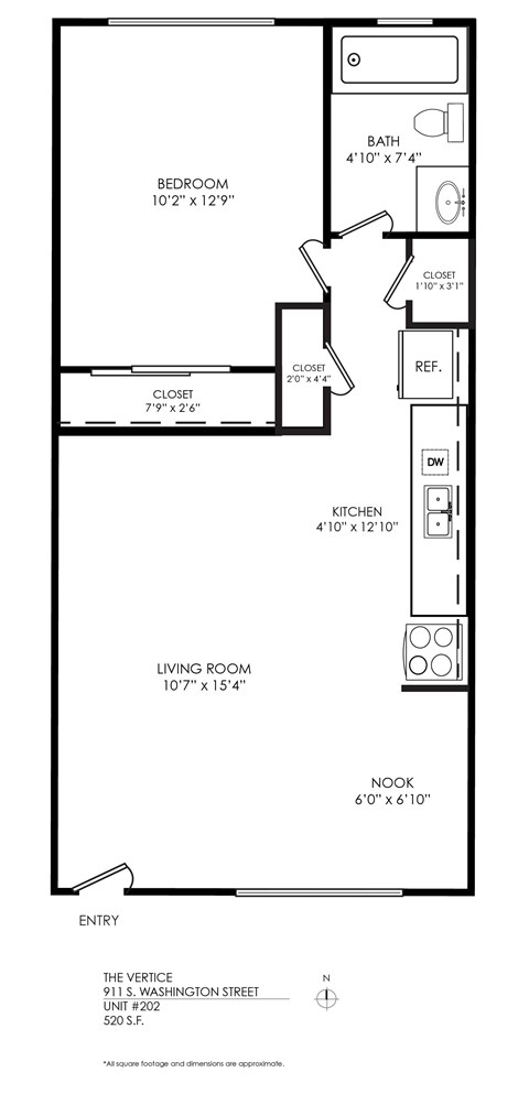 A floor plan of a one bedroom apartment with a living room, kitchen, and bathroom.